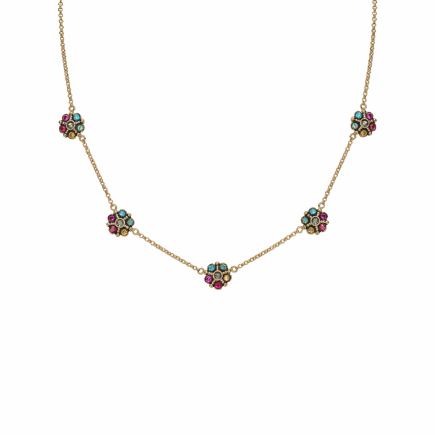שרשרת 5 פרחים מוזהבת משובצת  אבני סוורובסקי צבעוניות - Bloom