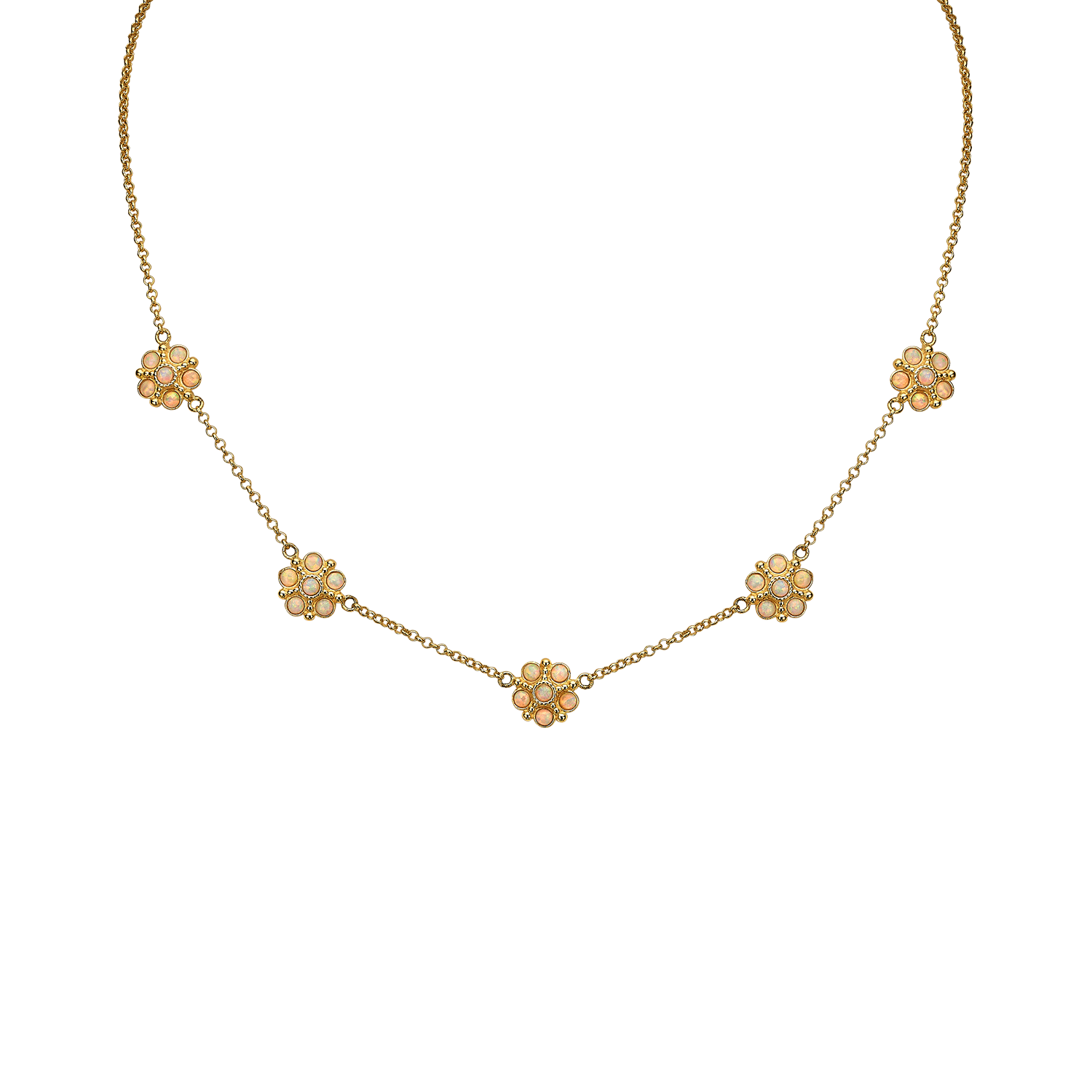 MJNBE05B237_2 שרשרת 5 פרחים מוזהבת משובצת אבני אופל מעבדה לבנות - Bloom – תמונה 1